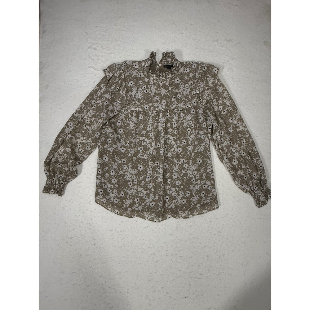 Ann Taylor Factory Womens M Tan Floral Ruffle High Neck Long Sleeve Blouse Top